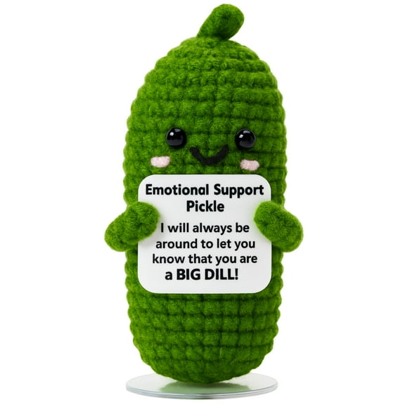 Crocheted Emotional Support Pickle Plush with Stand, Inspirational Gift for Women Friends Coworkers, Funny Unique Present for Birthday Party Home Decor, green