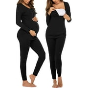 Women's button breastfeeding clothes, thermal underwear, maternity pajamas, microfiber, lined with winter pajamas long (black, size M)