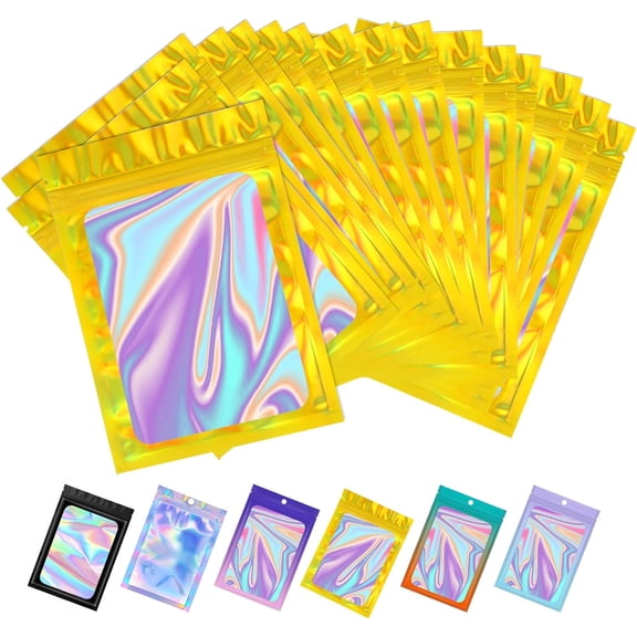 100pcs 4"X 6" Holographic Smell Proof Bags Resealable Packaging Foil Pouch Bags with Clear Window,Small Sample Bag for Small Business Lipgloss Jewelry Key Chain, Gold