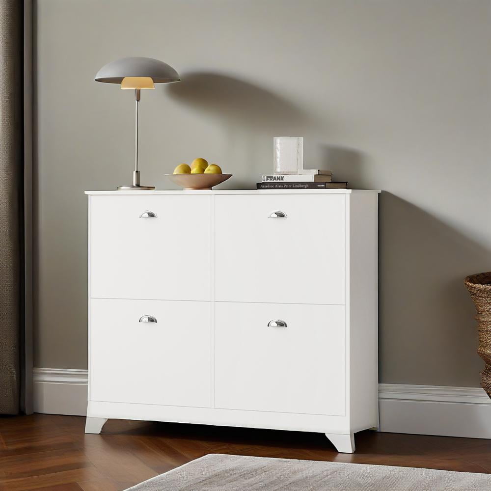 Slim Shoe Cabinet with 4 Flip Drawers – Narrow Entryway Shoe Storage Rack, Hidden Space-Saving Shoe Organizer for Hallway, Foyer, Bedroom – Adjustable Shelves, Anti-Tip Design, White Wood Finish
