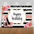 thumbnail image 1 of Fondo de fotografía de feliz cumpleaños para mujer, Fondo Floral rosa de 5x3 pies con brillo, oro rosa, tacón alto, champán, negro y blanco, 1 of 5