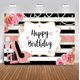 thumbnail image 1 of Fondo de fotografía de feliz cumpleaños para mujer, Fondo Floral rosa de 5x3 pies con brillo, oro rosa, tacón alto, champán, negro y blanco, 1 of 5