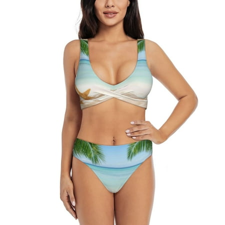 Zeuib Starfish in Beach High Waisted Tummy Control Bikini Set - Knot Front Push Up Top & Cheeky Thong Bottom  Two-Piece Swimsuit for Women-XX-Large