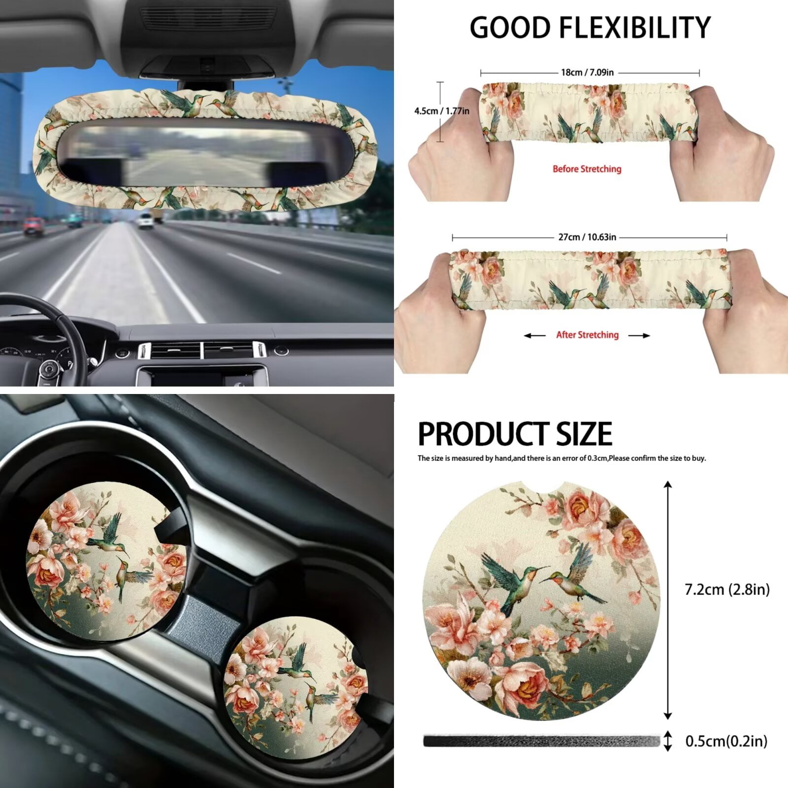 Garronmavis Aesthetic Flower Hummingbird 16 Pcs Car Accessories Set Car Seats Belts Shoulder Pad Covers Keychain Gear Shifting Knob Cover Cup Mats Front Window Sunshade Rearview Mirror Cover