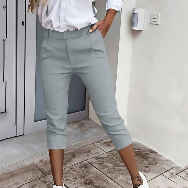TaTaai Women's 7/8 Length Suit Pants Straight Leg Design with Double Side Pockets and Elastic Waistband Solid Color Casual Professional Trousers Gift
