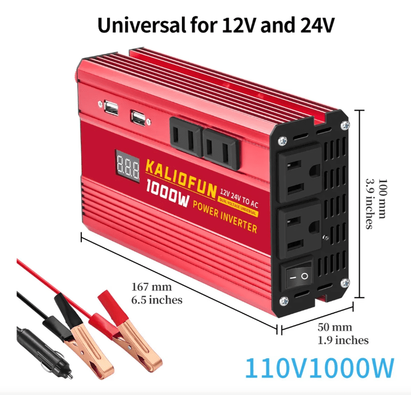 Power Inverter 1000W - 12V/24V Universal Voltage, 110V Output , with LED Display, Red Aluminum Alloy Case