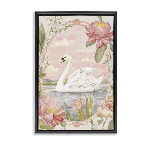 Stupell Industries Shabby Chic Floral Border Swan in Bloom Black Floating Frame Canvas Art, 17 x 25, by Creative Studio