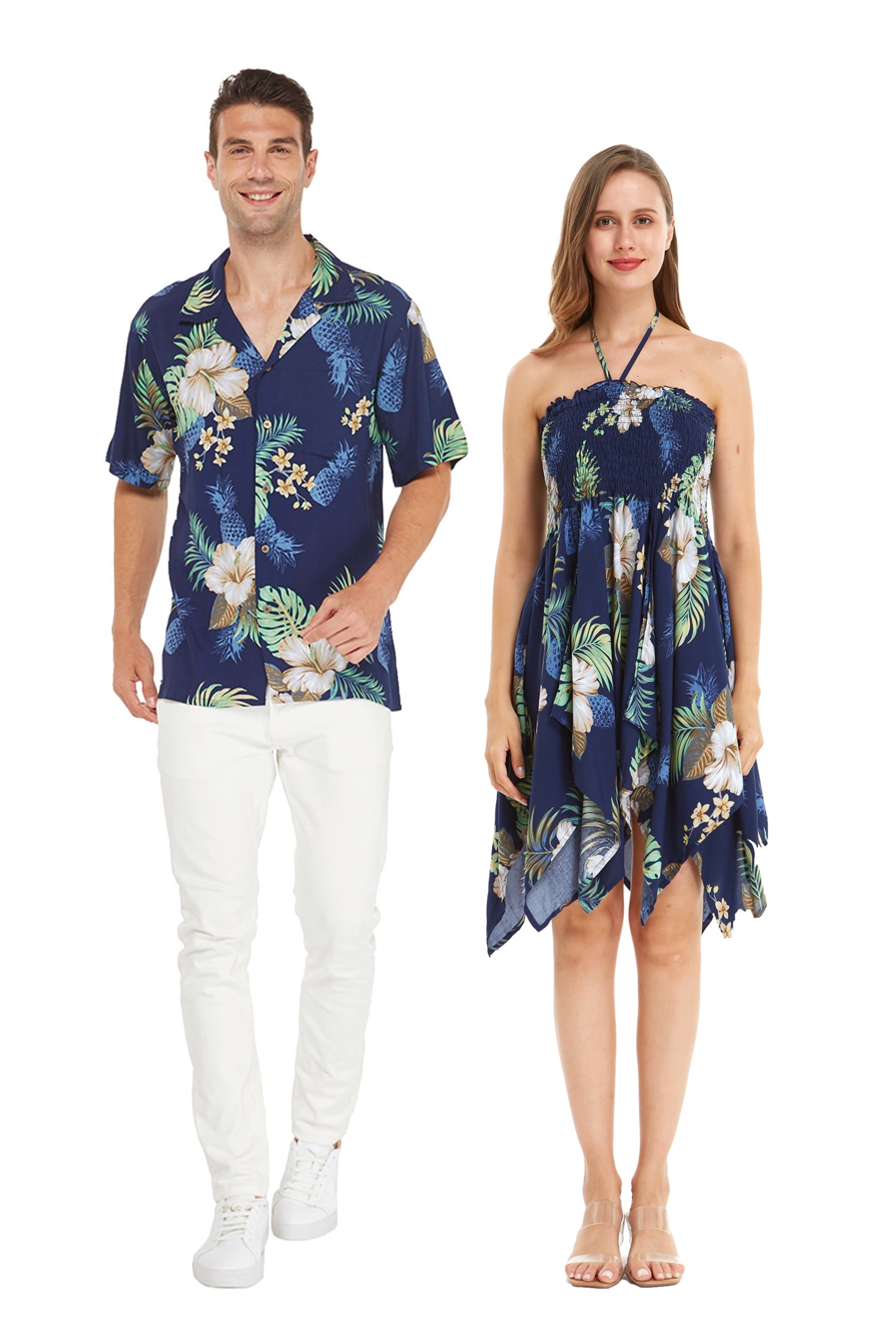 Matchable Couple Hawaiian Luau Shirt in Pineapple Garden Navy, Men, XL ...