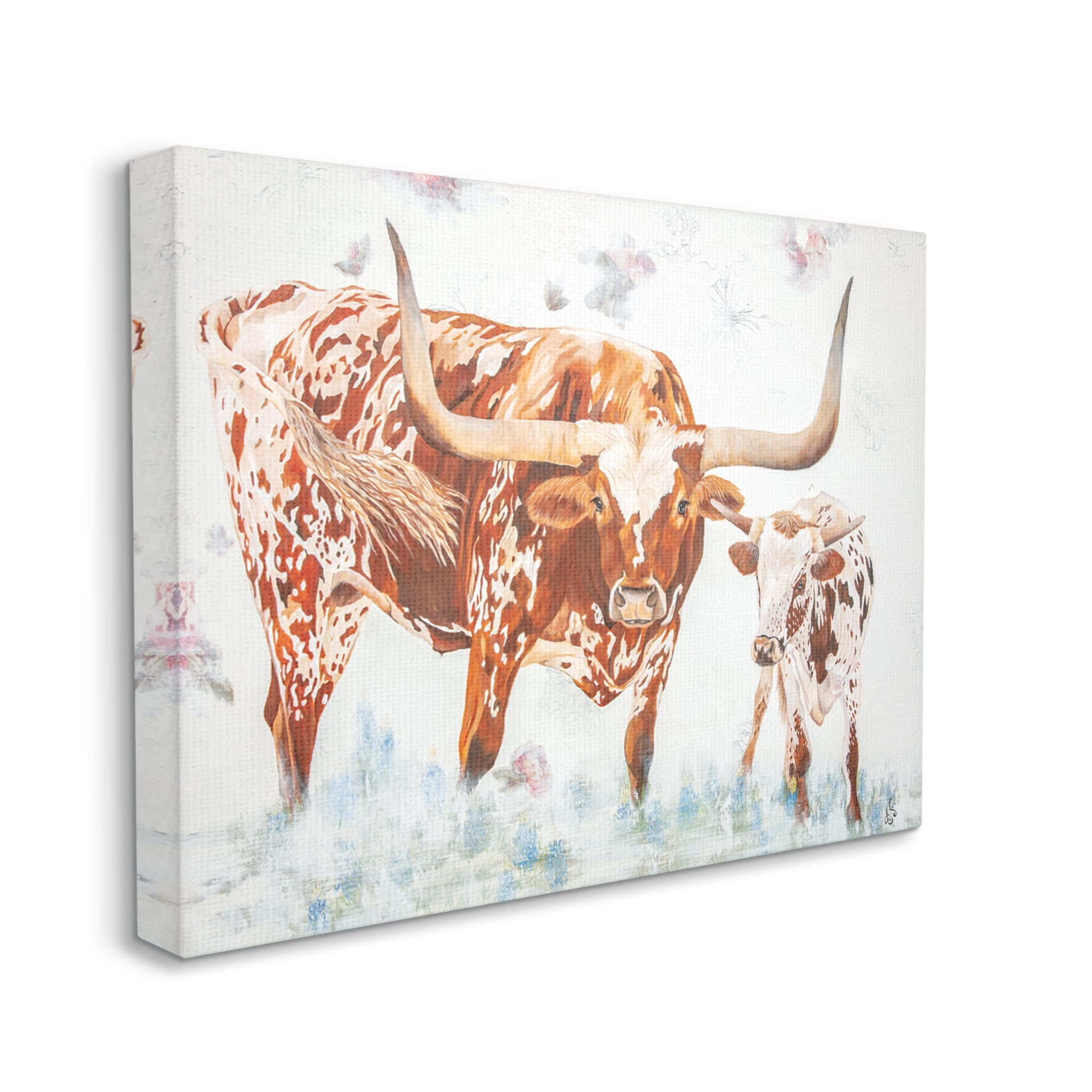 Stupell Brown Longhorn Cattle Family Farmhouse Animals & Insects Painting Gallery Wrapped Canvas Print Wall Art