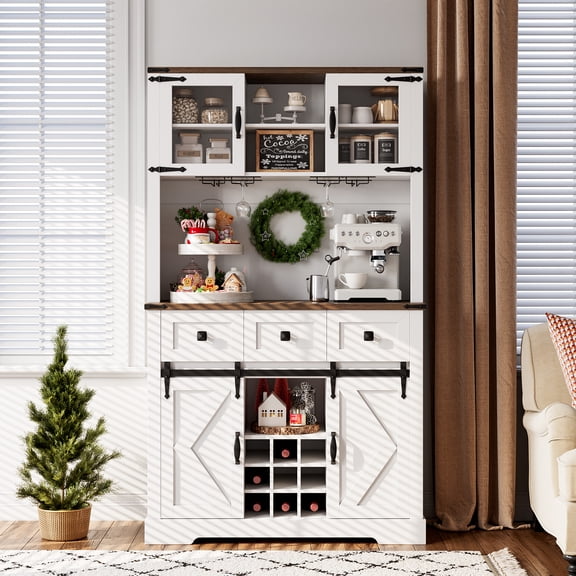 Farmhouse Bar Cabinet with Sliding Barn Door, Kitchen Buffet Hutch, 3 Drawer Rustic Sideboard for Living Room, Coffee Bar, Pure