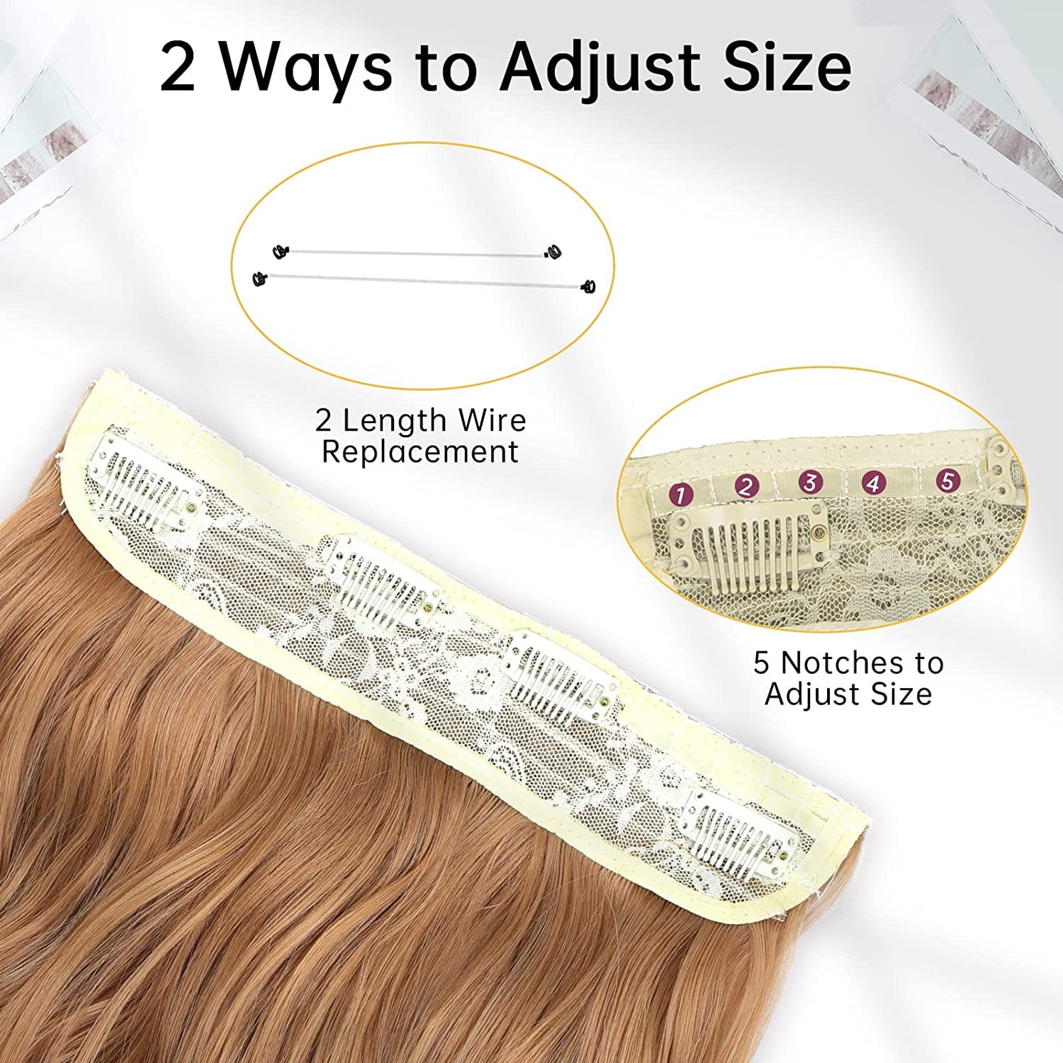 Invisible Wire Hair Extensions with Transparent Wire Headband Adjustable Size 4 Secure Clips Long Wavy Hairpiece 20 Inch Auburn Brown for Women