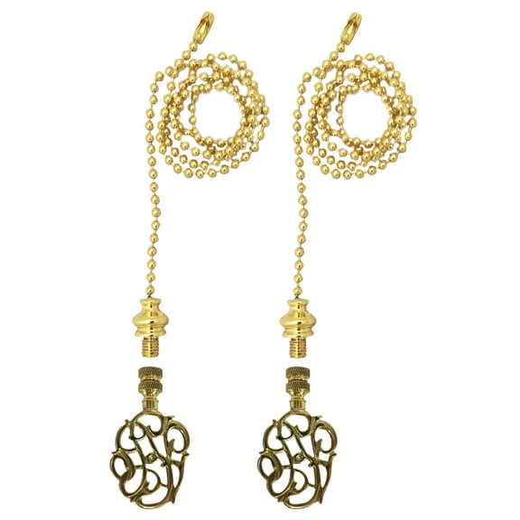 Royal Designs Fan Pull Chain with Hand Carved Caste Floral Finial – Polished Brass – Set of 2