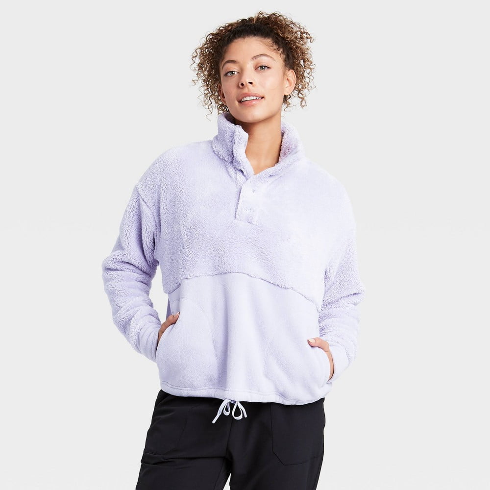 Women's Snap Front Cozy Sherpa Pullover Sweatshirt - All in Motion Lilac M,  Purple - Walmart.com