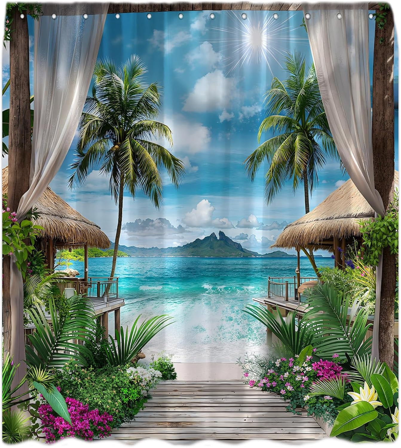 Ocean Beach Shower Curtain Tropical Summer Palm Tree Leaves Blue Sky Sea Wave Hawaii Vacation Seaside Island Landscape Natural Scenery Windows Fabric Bath Curtain with Hook-72"W x 72"L (Pack of 1)
