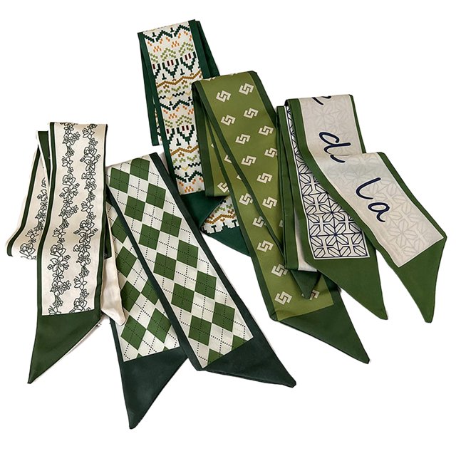 NCDUANSAN Retro pequeña bufanda de seda niña corazón primavera y verano cinta estrecha diadema diadema bolsa decoración bufanda larga tocado (banda para el cabello verde 5 piezas)