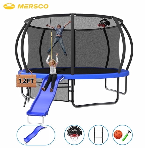 Mersco 12FT Heavy Duty Trampoline with Enclosure Net , Slide Outdoor Big Trampoline for Backyard,Kids Trampoline with Basketball Hoop,Birthday and Holiday Gifts for Kids,Blue