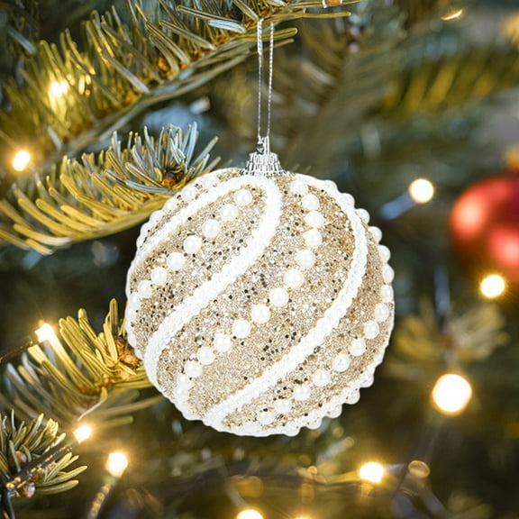 3.15in Christmas Tree Ball Ornament Luxury Glitter Gold Bauble with Pearl Beads, Elegant Shatterproof Hanging Christmas Decoration for Holiday Tree Party Wedding Home Décor