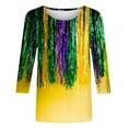 thumbnail image 4 of Guzom Womens Yellow Mardi Gras Top, Stretchy Crew Neck Three-Quarter Sleeve Fringe Print Carnival Shirt with Green Purple Accents, S-XXXL Plus Size Festive Apparel,Size M, 4 of 5