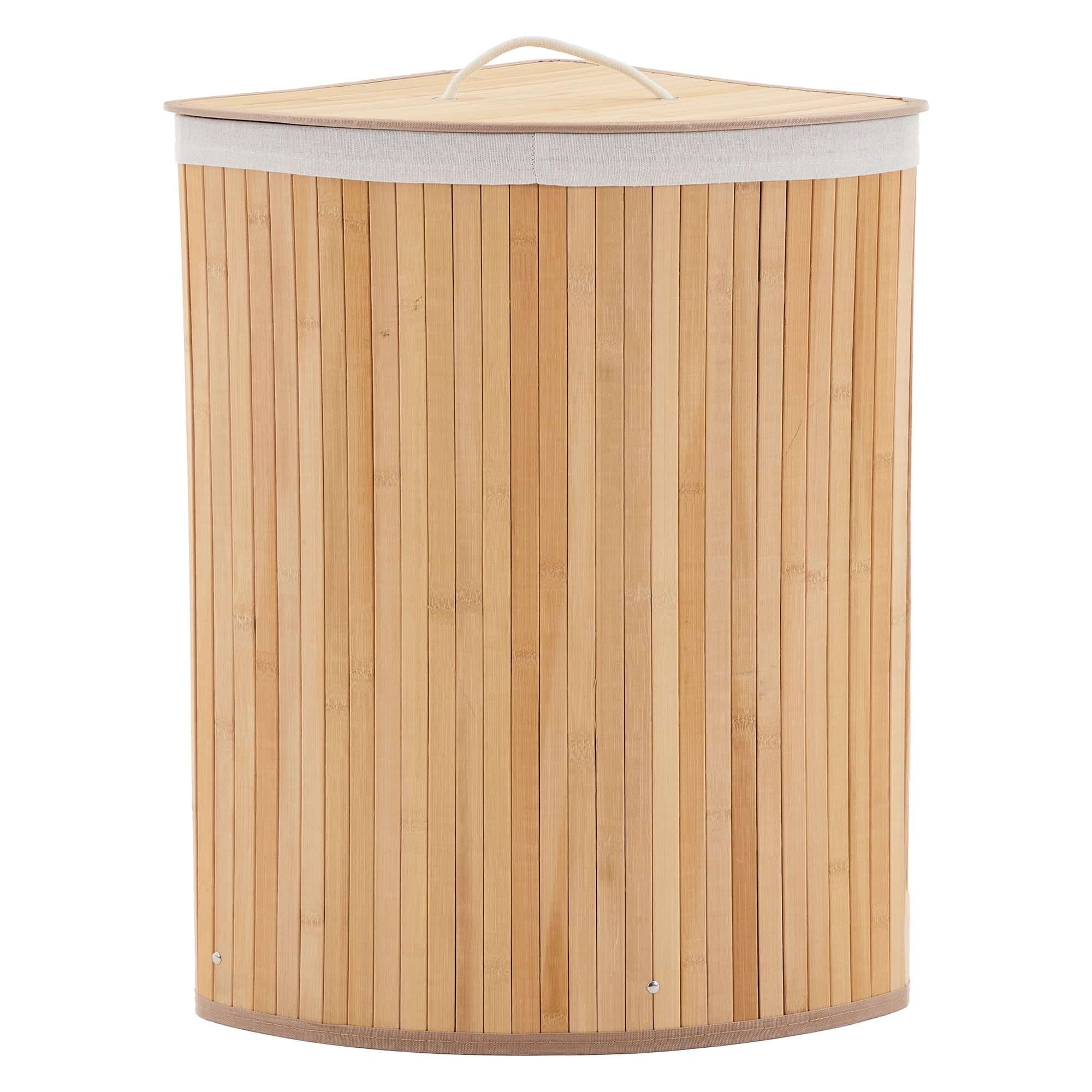 Corner Laundry Hamper with Lid, 19 Gallon/73 Liter Large Foldable Bamboo Laundry Basket with Washable Liner Bag, Wicker Clothes Hamper for Bedrooms Bathrooms Apartments, Natural