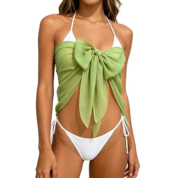 ZToonmas Women's Bow-Tie Halter Bikini Cover-up Sheer Wrap-Front Beach Sarong Transparent Chiffon Swimsuit Shawl for Vacation