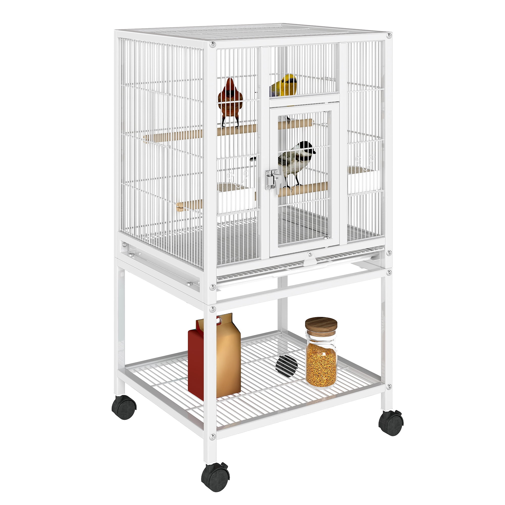 Uforic 41" Metal Birdcage with Rolling Stand and Castor Wheels, Large Parrot Cage with 2 Perches and 2 Feeders, Spacious Storage Tray, White
