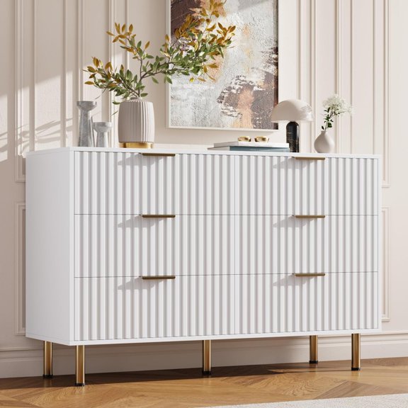 Modern Fluted 6 Drawer Dresser - Wide Chest of Drawers with Deep Storage - Double Dresser & TV Stand for Bedroom, Living Room, Hallway, Entryway - Spacious Organizer - White