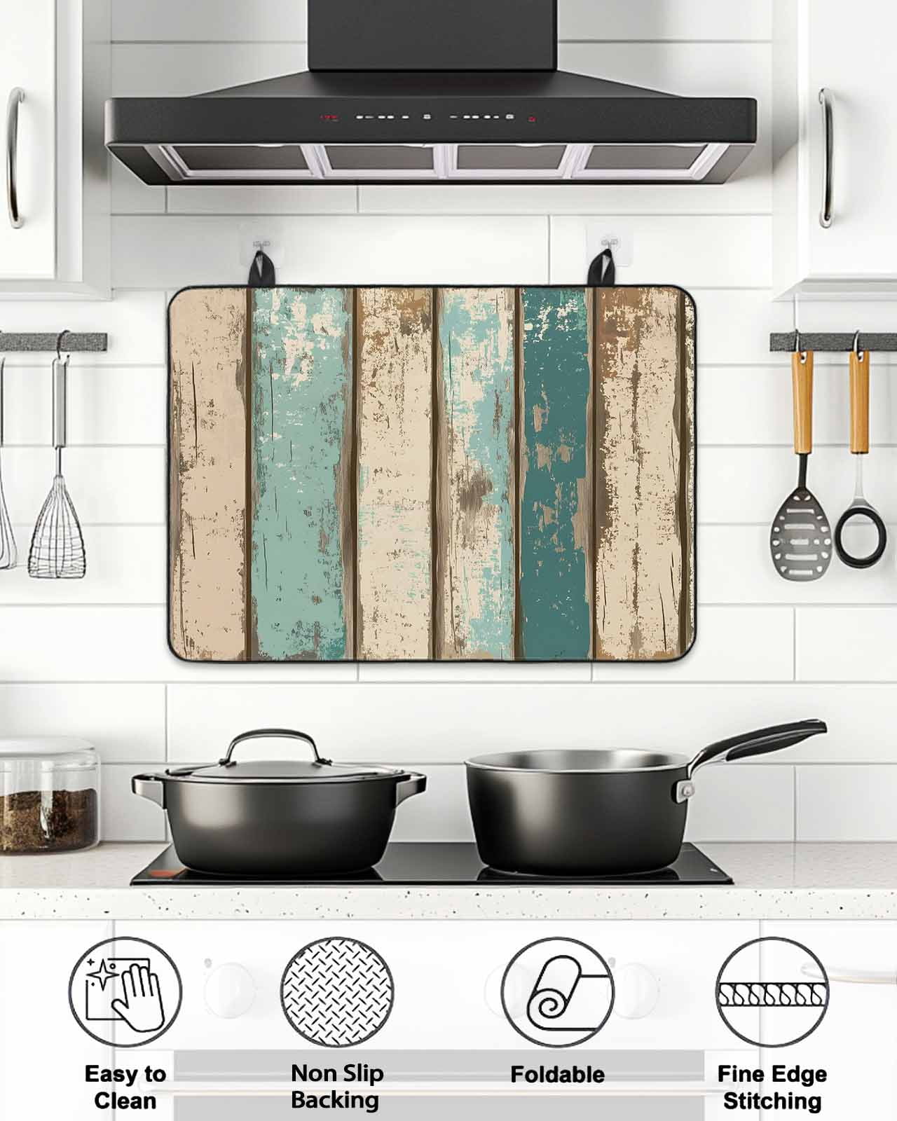 Stove Top Covers for Electric Stove, Farmhouse Teal Brown Glass Stovetop Cover Protector, Vintage Retro Ombre Wooden Induction Cooktop Protector Oven Mat for Kitchen Countertop 24"x21"