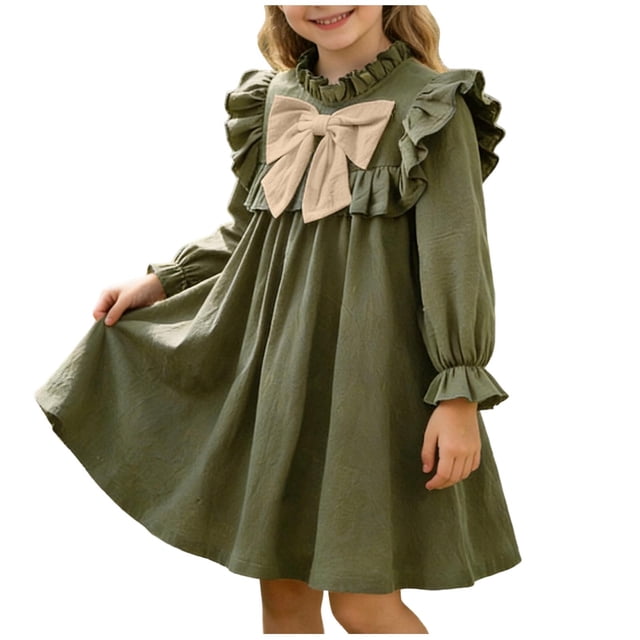 Vestido de Manga Larga de un Hombro con Manga de Puff, Cuello de Pétalos, Arco Y Rodilla de Longitud A-Línea para la Escuela, las Fiestas Y el Uso Diario