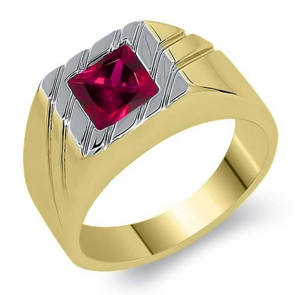 Gem Stone King 1.71 Ct Princess Red Created Ruby 18K Yellow Gold Plated Silver Men's Ring (Size 11)