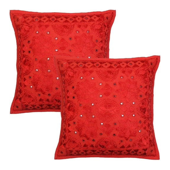 Stylo Culture Indian Settee Sofa Throw Pillow Covers 16 x 16 Embroidered Red Bohemian 40cm x 40cm Bed Room Cotton Mirrored Square Cushion Covers | Set Of 2