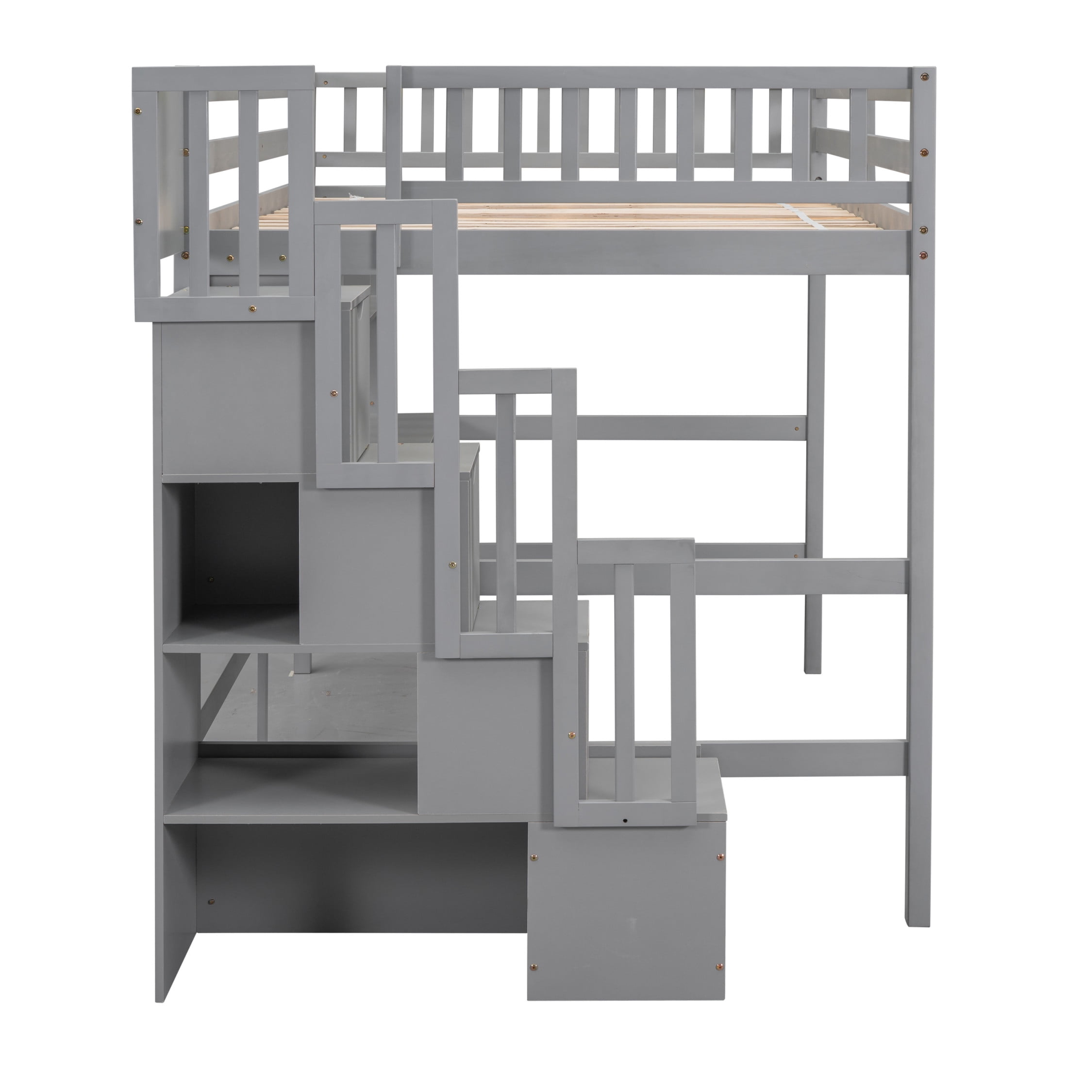 Noble House Full Size Loft Bed with Built-in Desk, Bookshelves and Storage Staircase, Pine Wood Frame, Grey