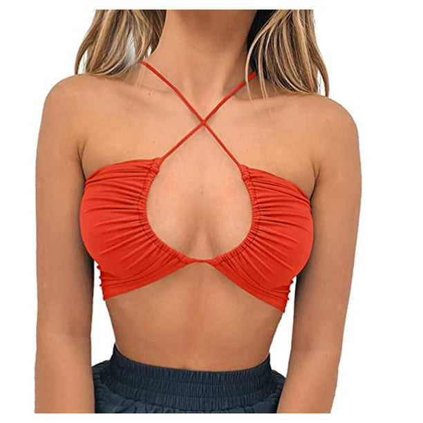 Cathalem Yoga Tank Tops for Women Sexy Sweetheart Neck Going Out Crop Top  Cute Y2K Pleated Strappy Vest Cami Shirt,Orange S 