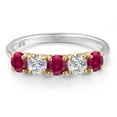 thumbnail image 3 of Gem Stone King 925 Silver and 10K Yellow Gold Red Created Ruby and Lab Grown Diamond Wedding-Bands Ring for Women | 1.29 Cttw | Round 4MM | Gemstone July Birthstone | Size 7, 3 of 6