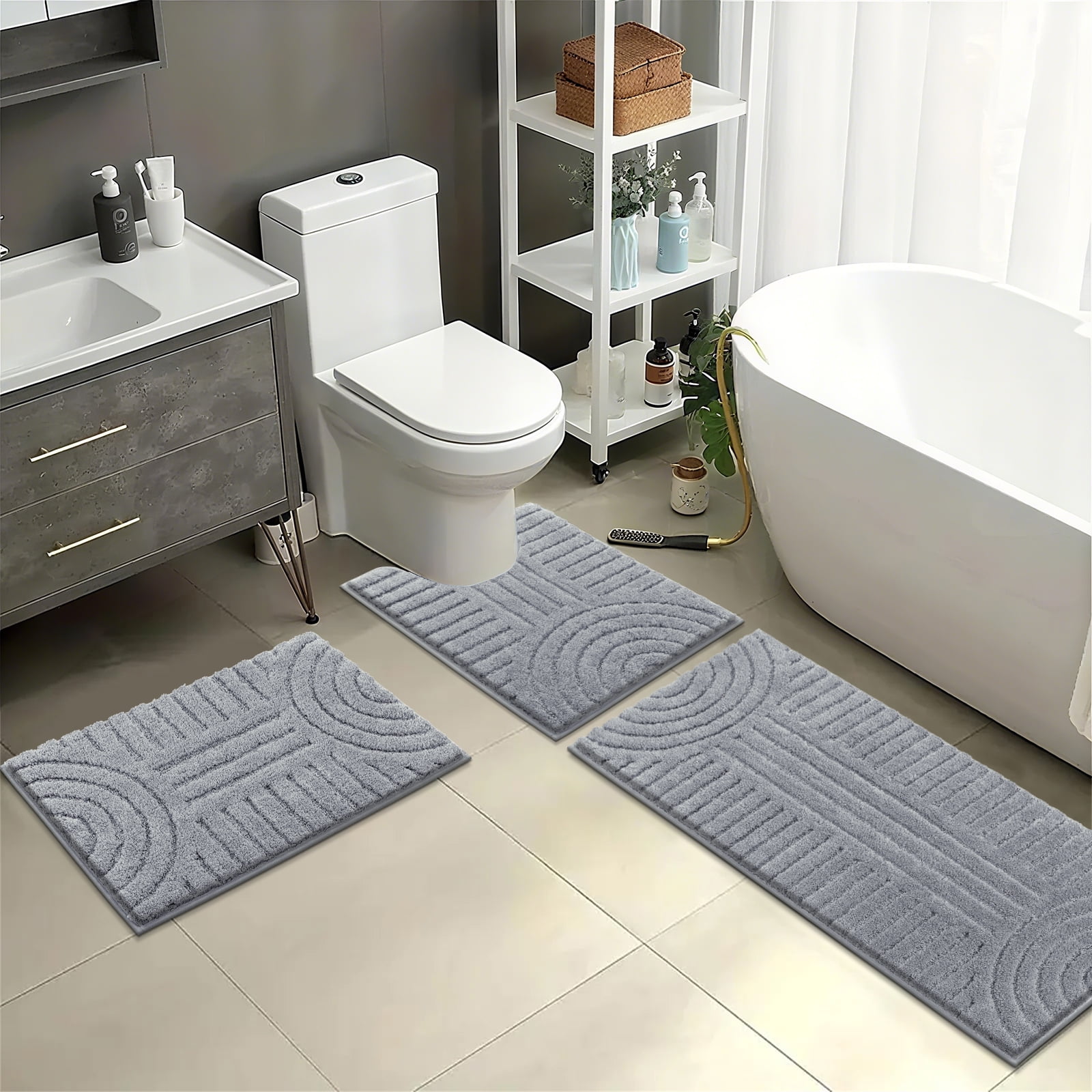 Bathroom Rugs Sets 3 Piece, Soft Absorbent Microfiber Bath Mats and U-Shaped Contour Toilet Rug, Plush Shaggy Bath Mat Set for Bathroom