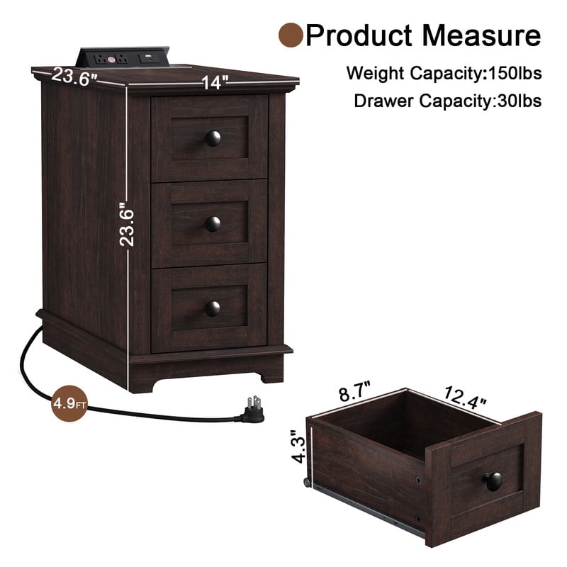 PLAMLE End Table with 3 Drawers for Living Room,Nightstand Sofa Side Table with Charging Station,End Table.