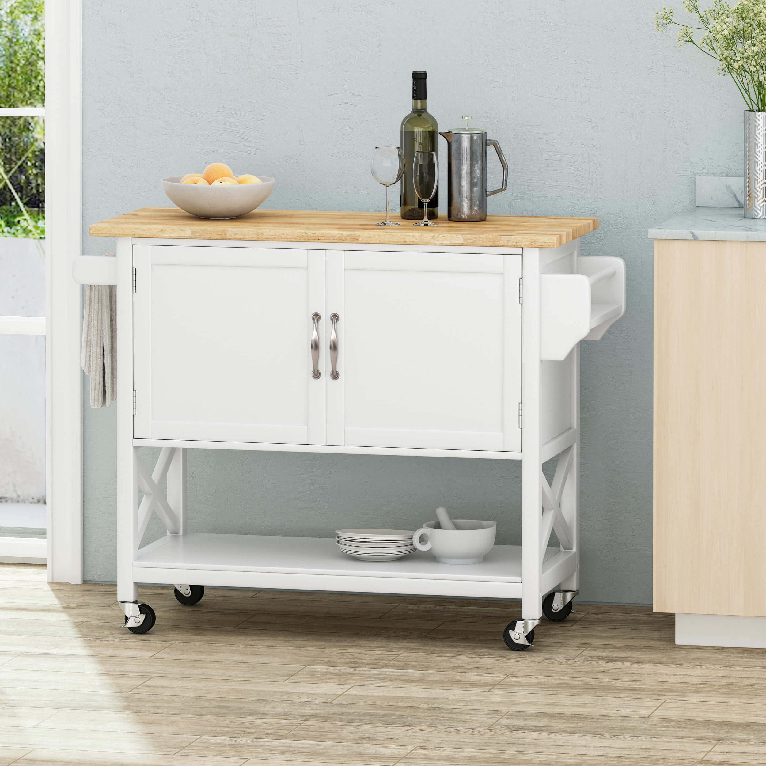 Noble House Finzer Wood Kitchen Cart, White, Natural - Walmart.com