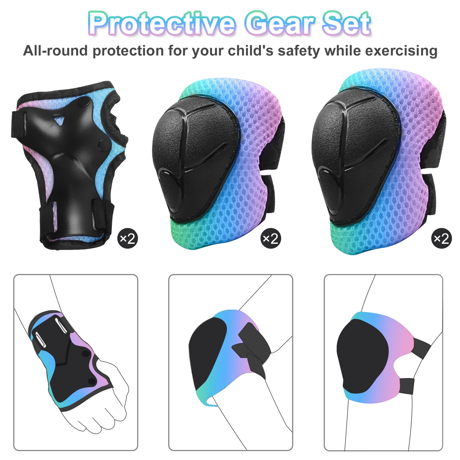 Wdmiya Kids Helmet, Toddler Bike Helmet, Cycling Helmet with Knee Pads Elbow Pads Wrist Guards, Baby Multi-Sport Adjustable Skateboard Helmet for Kids Boys Girls gifts Helmet for Age 2+, Colorful, S