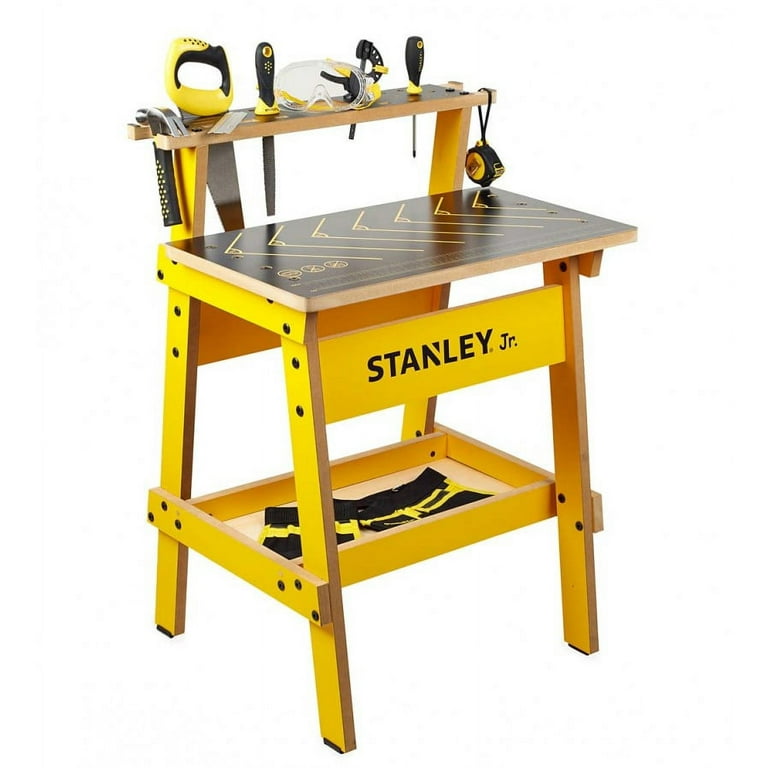 Stanley Jr. Kid's Wooden Work Bench with 10-Piece Belt and Ergonomic Tool  Set for Woodworking and Carpentry for Kids