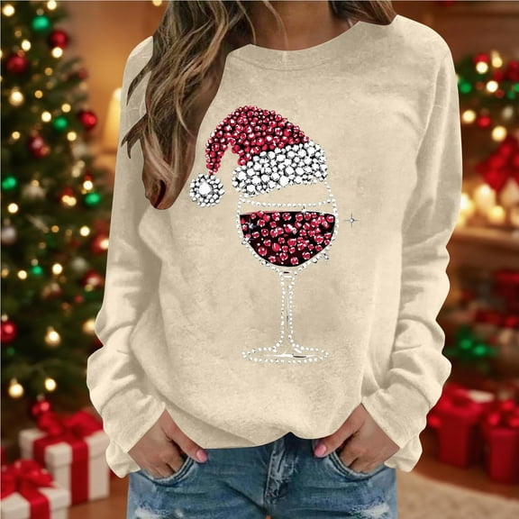 Xdegoge Christmas Sweaters for Women Long Sleeve Round Neck Pullover Casual Loose Fitting Tops Fashion Festival Clothing Cute Wine Glass Print Sweatshirt