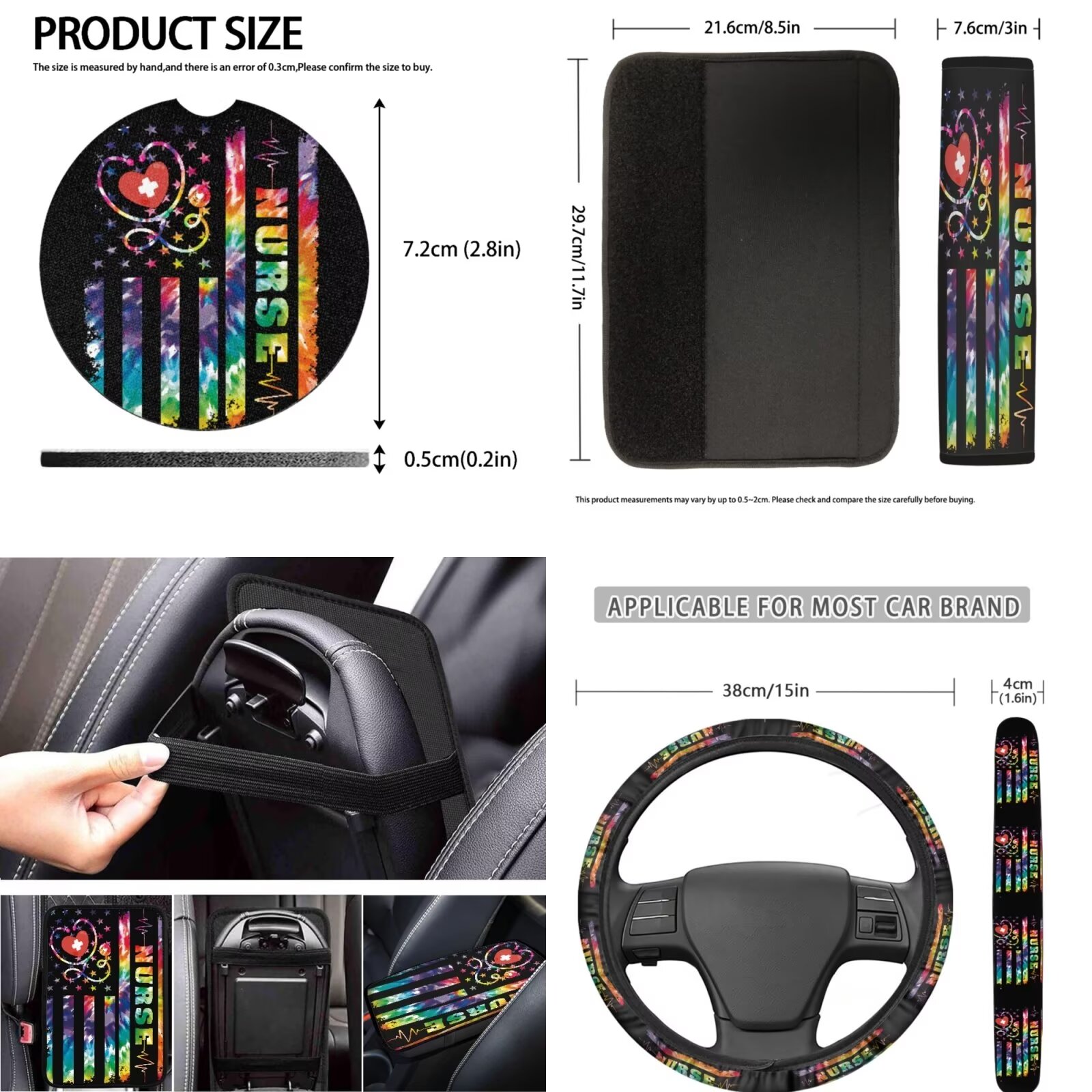 LedBack American Flag Car Seat Covers Full Set Tie Dye Front and Back Seats Protectors Covers with Steering Wheel Cover Seat Belt Cover Cup Holder Coasters Keychain Universal for SUV Truck Sedan
