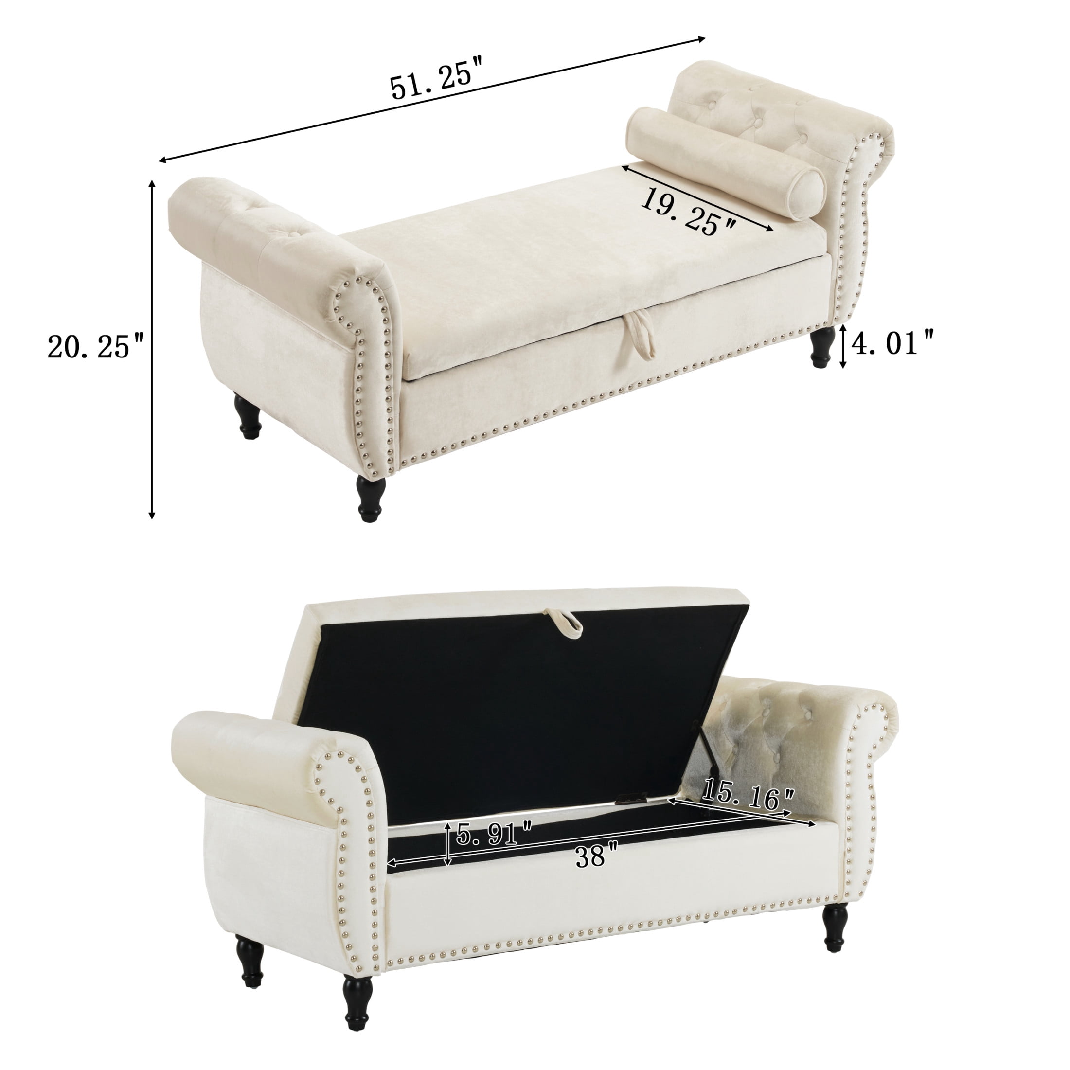 Elegant Beige Velvet Storage Ottoman with Nailhead Trim & Pillow