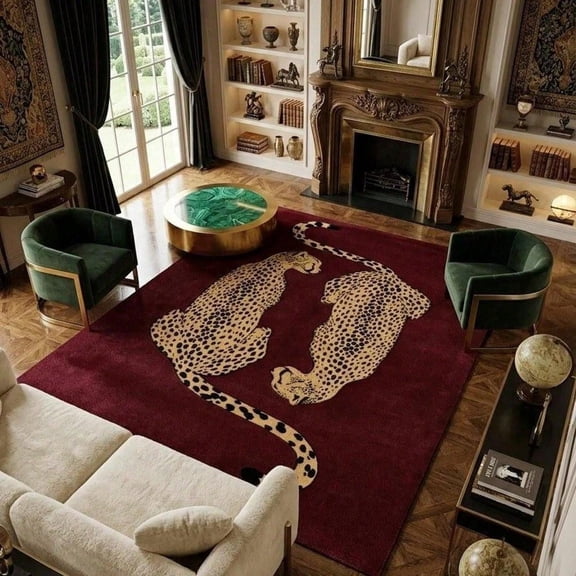 [Room Decor Rug]Cheetah Rug 8x10, Burgundy Area Rug, Luxury Large Living Room Carpet,