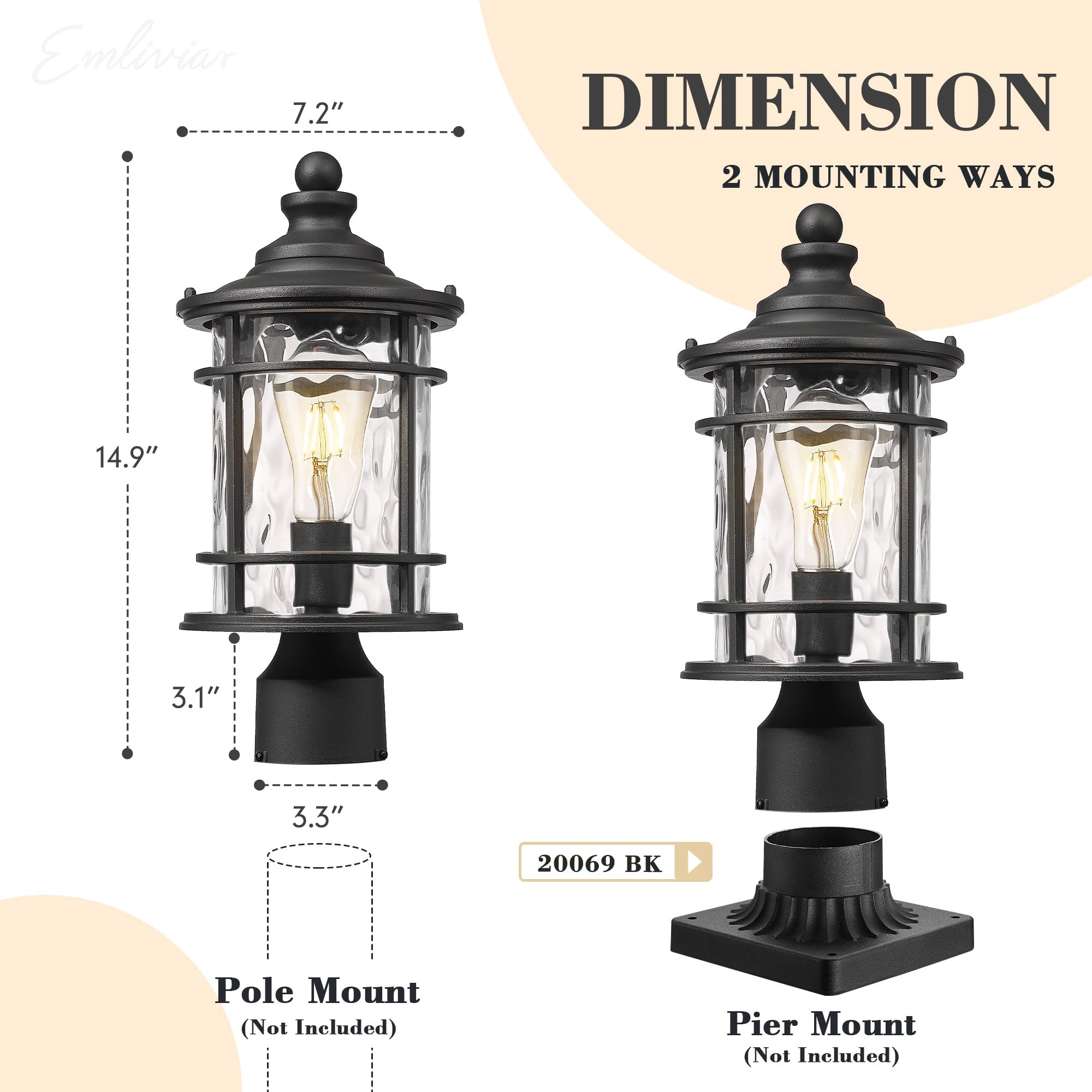 Emliviar 15 inch Modern Outdoor Lamp Post Light for Patio Garden, Water Ripple Glass, Black Finish, XE229P-WG BK