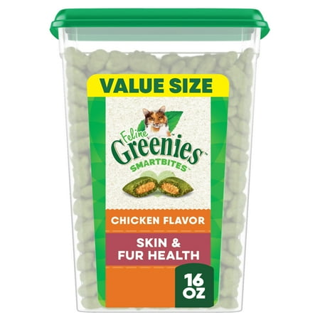 Greenies Feline Smartbites Chicken Flavor Skin & Fur Health Cat Treats, 16 oz Tub