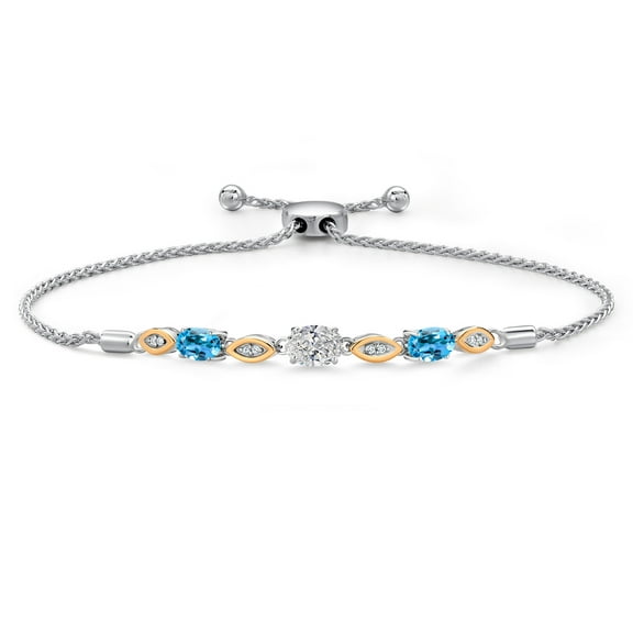 Gem Stone King 1.80 Ct DEF Lab Grown Diamond Swiss Blue Topaz 925 Silver and 10K Yellow Gold Bracelet