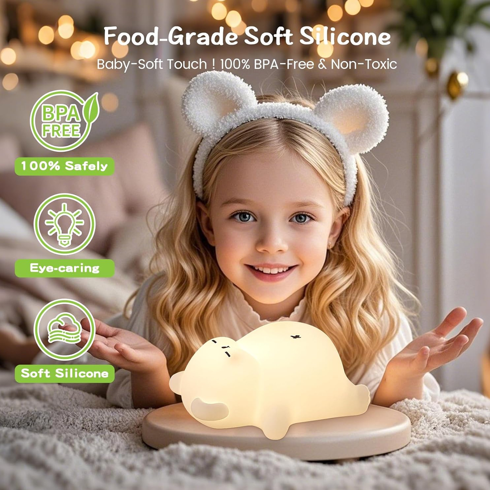 Snoring Bear Night Light for Kids, Rechargeable Cute Bear Silicone Lamp with Snoring Sound Effect & Timer, Dimmable Nursery Lights for Kids Room Decor, Funny Christmas Gifts for Kids Boys Girls