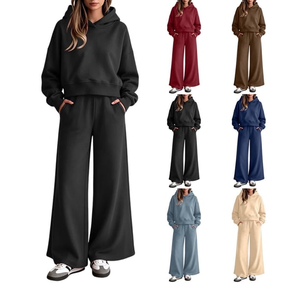Tqcoqu Women's Solid 2 Piece Tracksuit,Cropped Hoodie Sweatshirt & Elastic Waist Wide Leg Sweatpants,Casual Streetwear Loungewear Outfit Set,Black Women's S-XXL