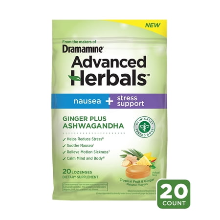 Advanced Herbals by Dramamine, Nausea + Stress Support Lozenges with Ginger & Ashwagandha, 20 Ct (3 Pack)