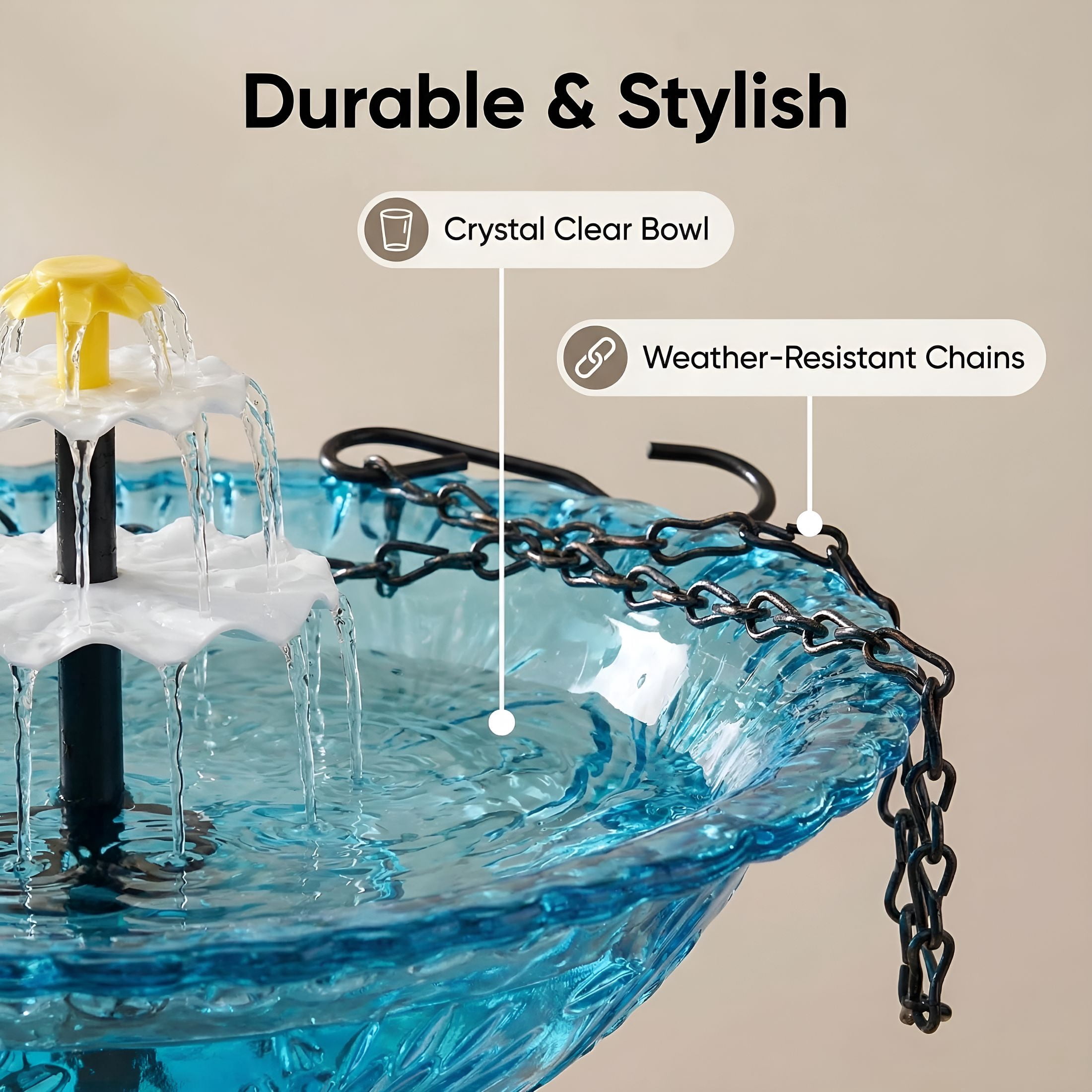 HIBIBUD Solar Cascade Hanging Bird Bath Fountain with Solar Pump & Glass Bowl for Outdoor Garden Decor