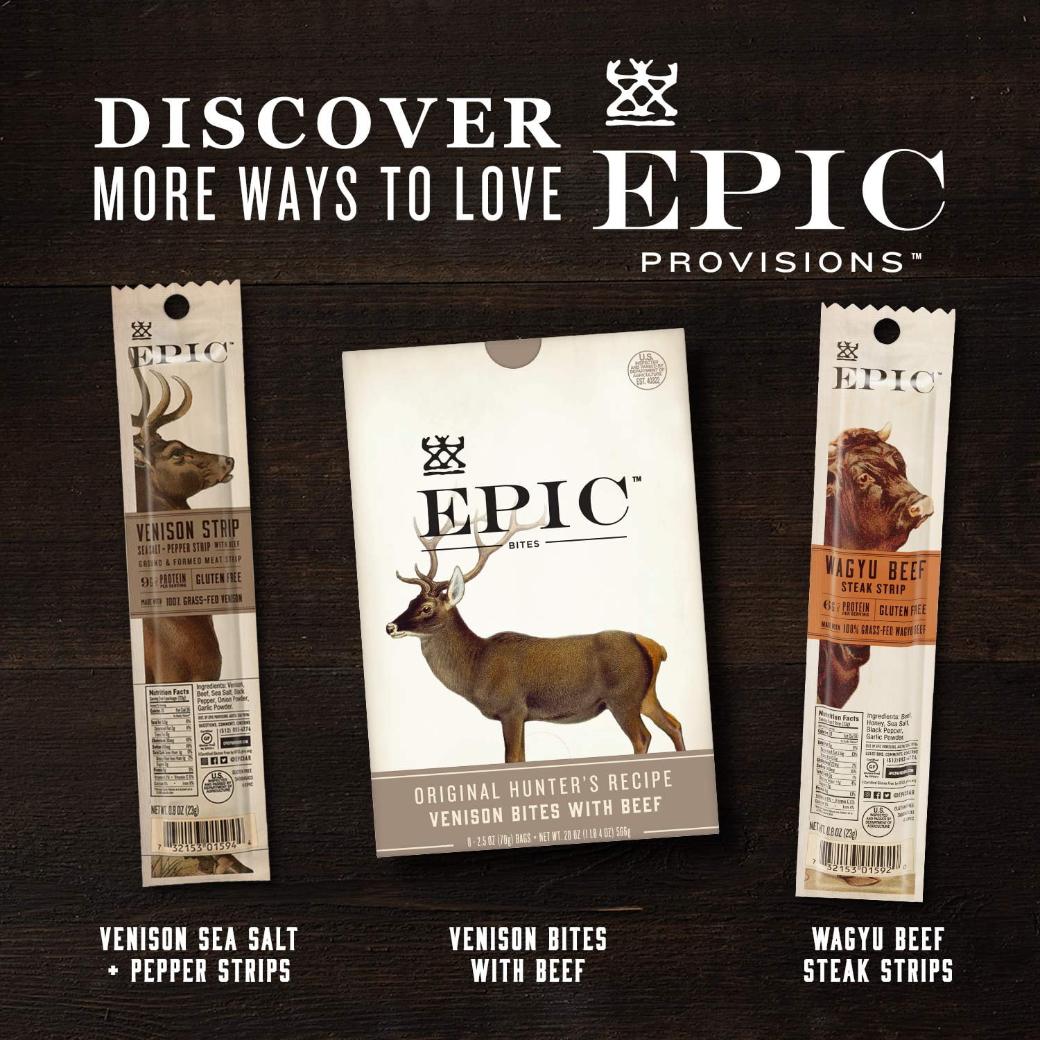 EPIC Bars, Variety Pack (Chicken, Beef, Venison), Keto-Friendly, 12 Bars